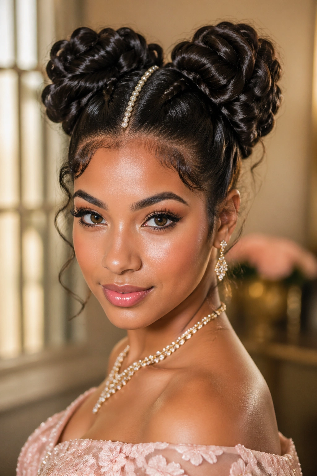Close-up portrait of real woman with double twisted buns and pearl center part