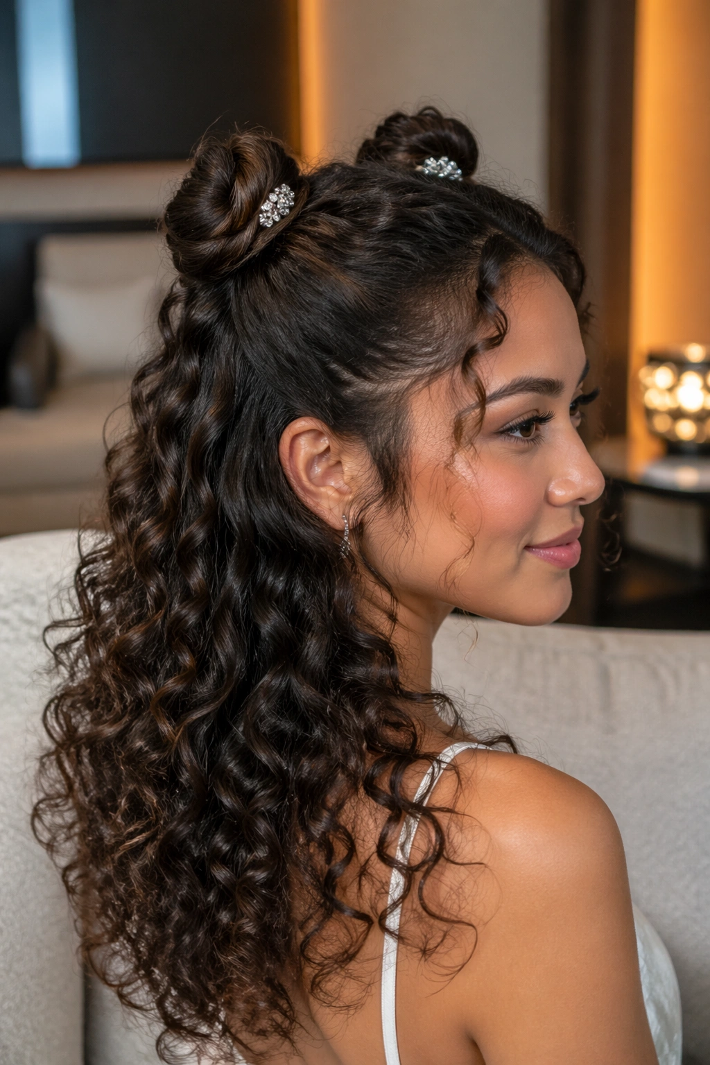 Close-up of real woman with twin twisted buns and curly bottom in a cozy living room