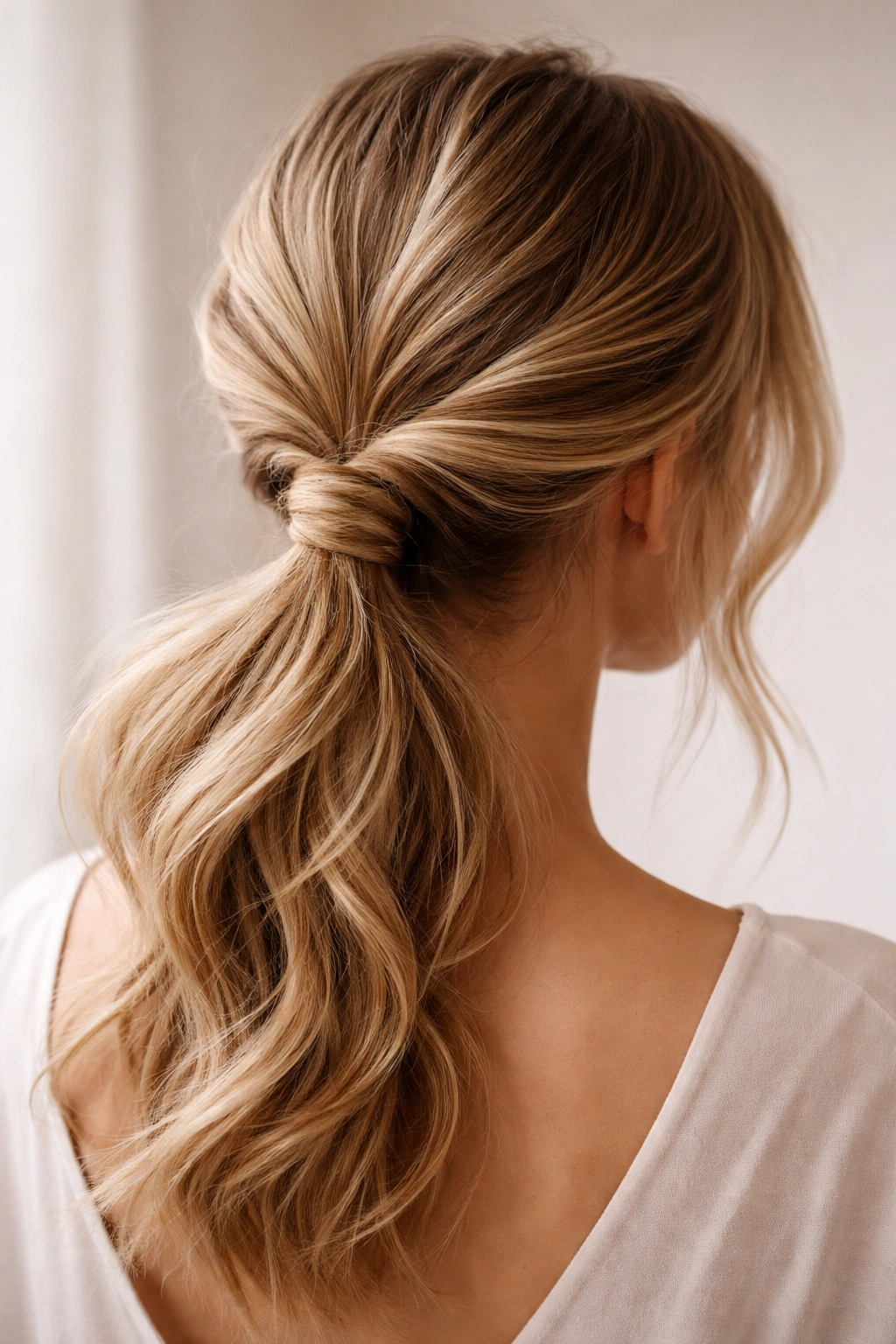 Close-up of a double-twisted low ponytail with two side twists wrapped around the base