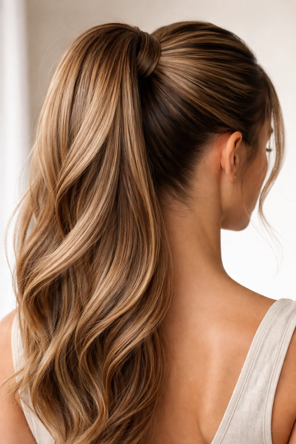 Close-up of a wrapped-extension double weave ponytail with hidden base and wrap-around elastic