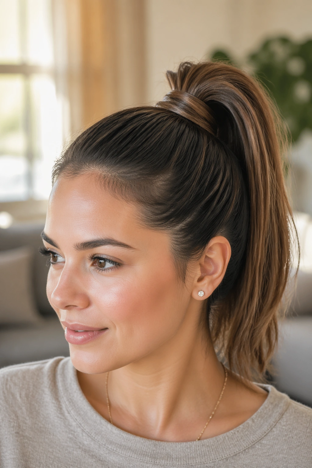 Close-up of a real woman with a double-wrap high ponytail showing crossed wrapped sections under the elastic