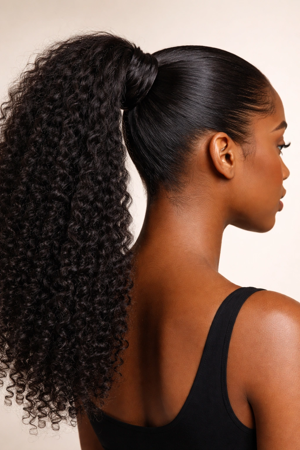 Close-up of double-wrapped ponytail on Afro hair focusing on base wrap
