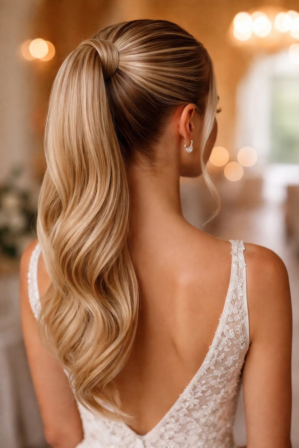 Back-of-head shot of bride with double-wrapped high ponytail and hidden elastics.
