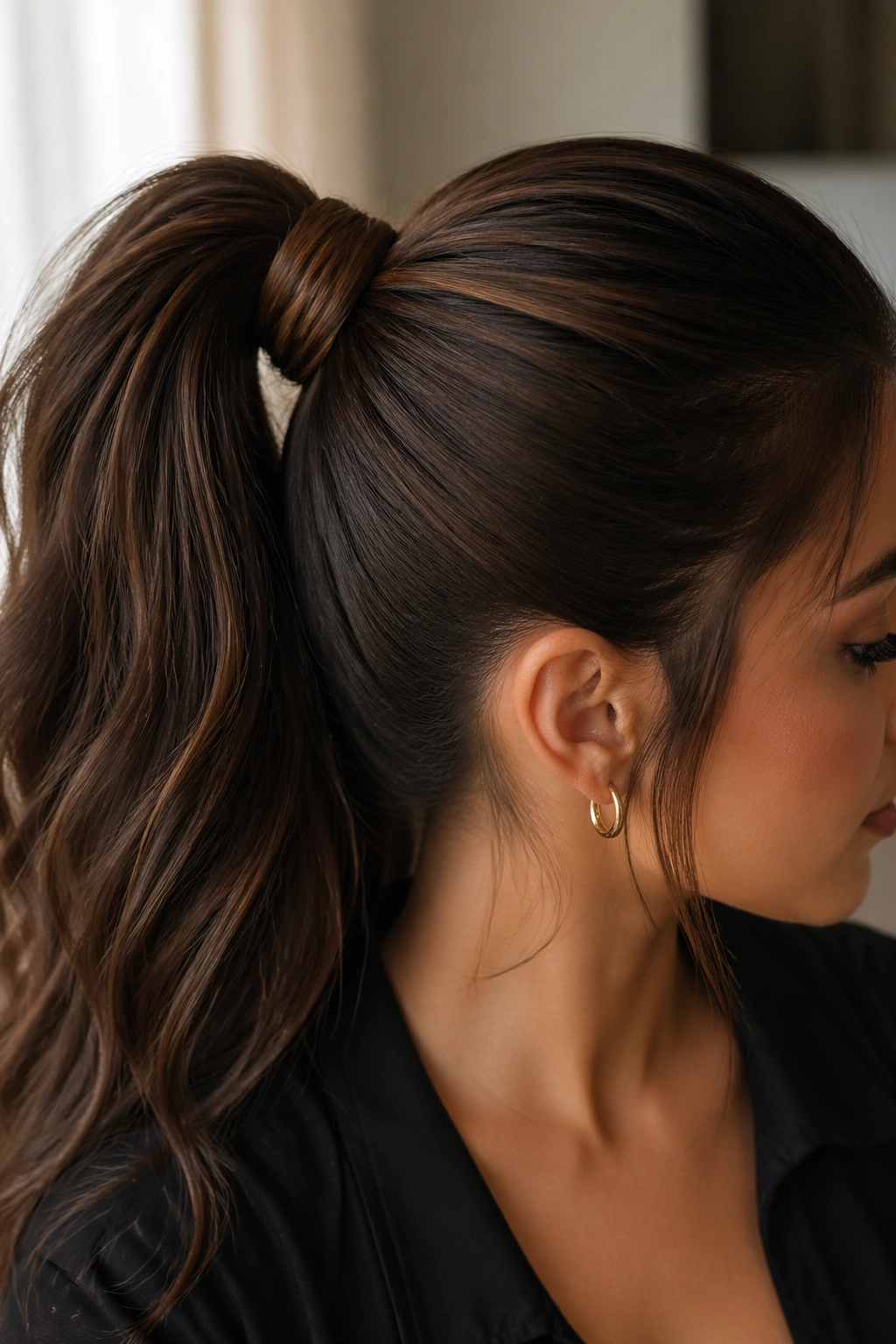 Close-up of a real woman with a thick brown ponytail wrapped twice at the base.
