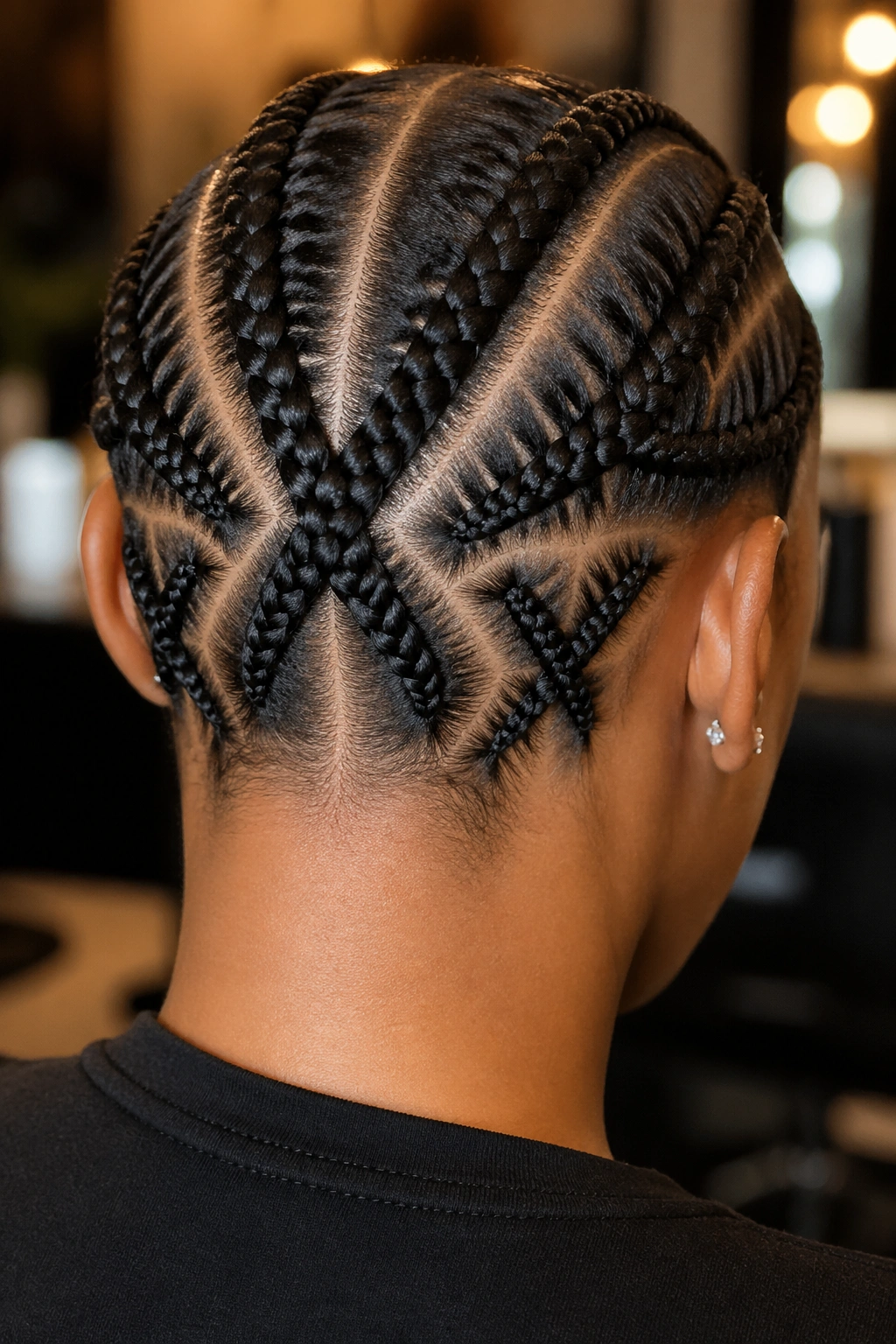 Real person head showing two X-shaped cornrows behind the ears with a central part.