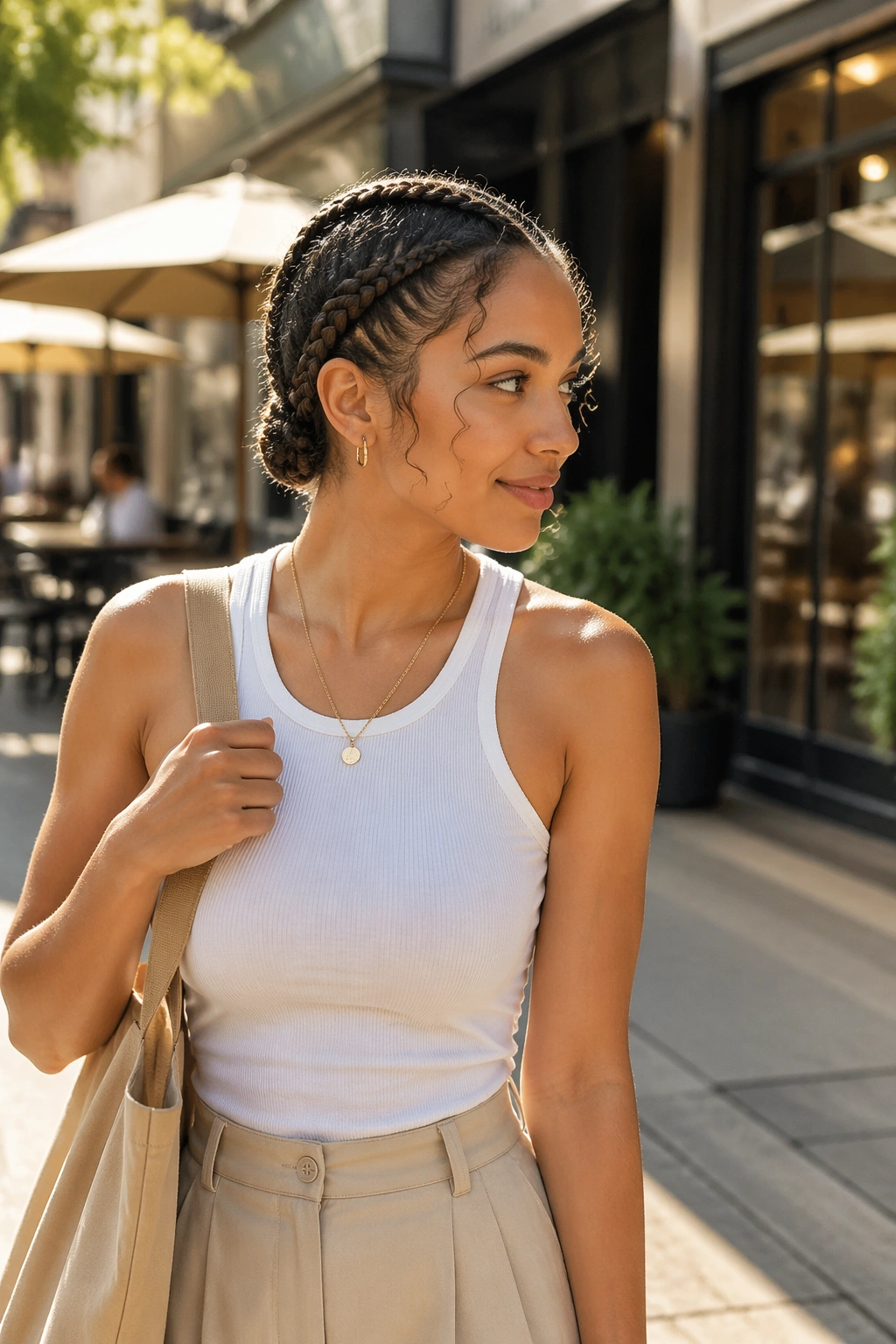 Double Dutch braids with tucked tails on 3b curls outdoors at a cafe
