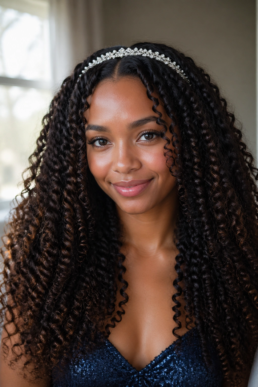 Front portrait of fully down curls with crystal headband on a real person, soft window light.