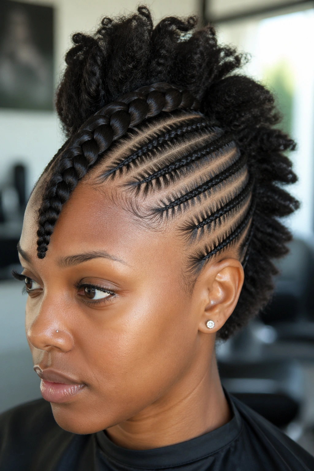 Portrait of a woman with a dramatic thick front cornrow in a mohawk