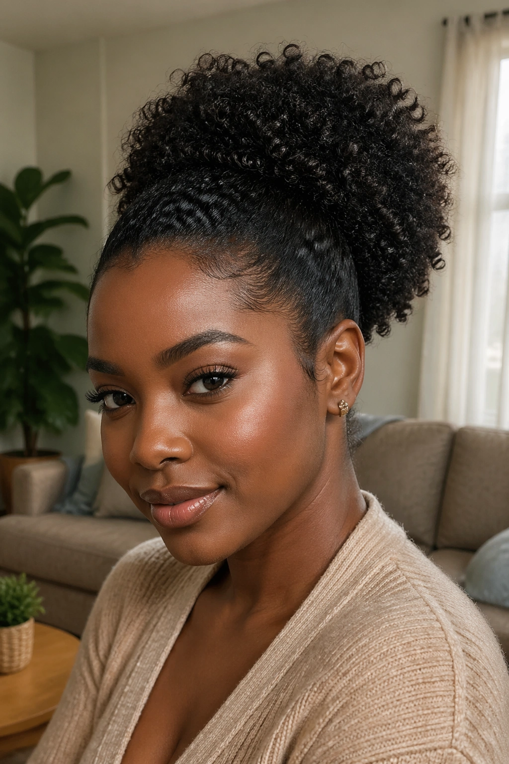 Real woman wearing drawstring ponytail in warm home setting