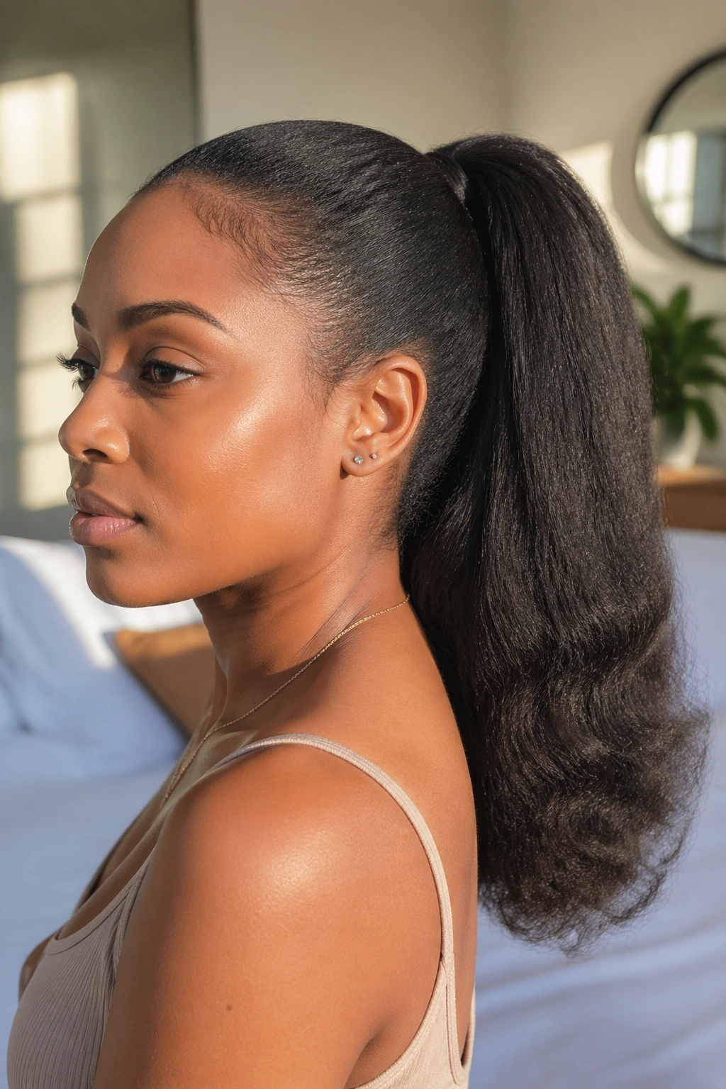 Close-up of a real woman wearing a drawstring ponytail on blown-out hair