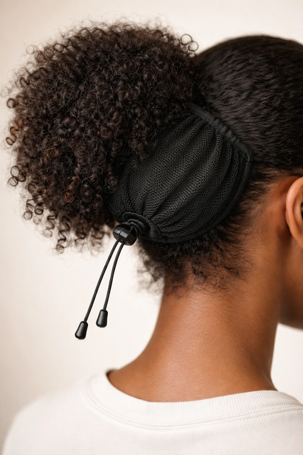 Close-up of drawstring ponytail cap with tightening cord on coily hair extension