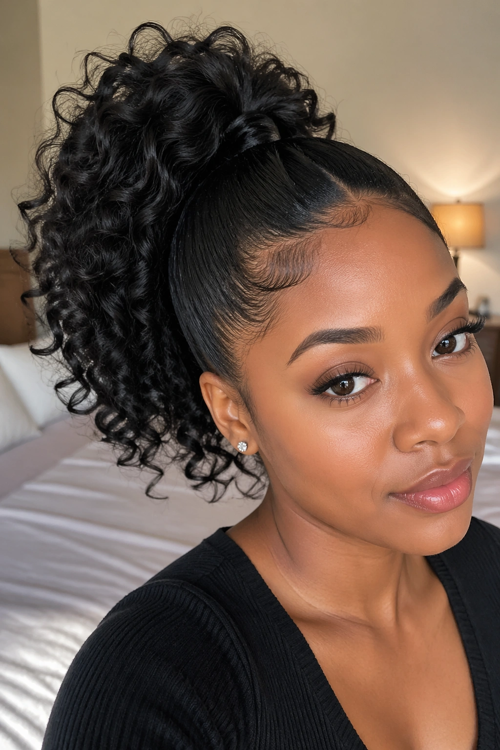 Close-up of a real Black woman's curly drawstring ponytail with soft ends