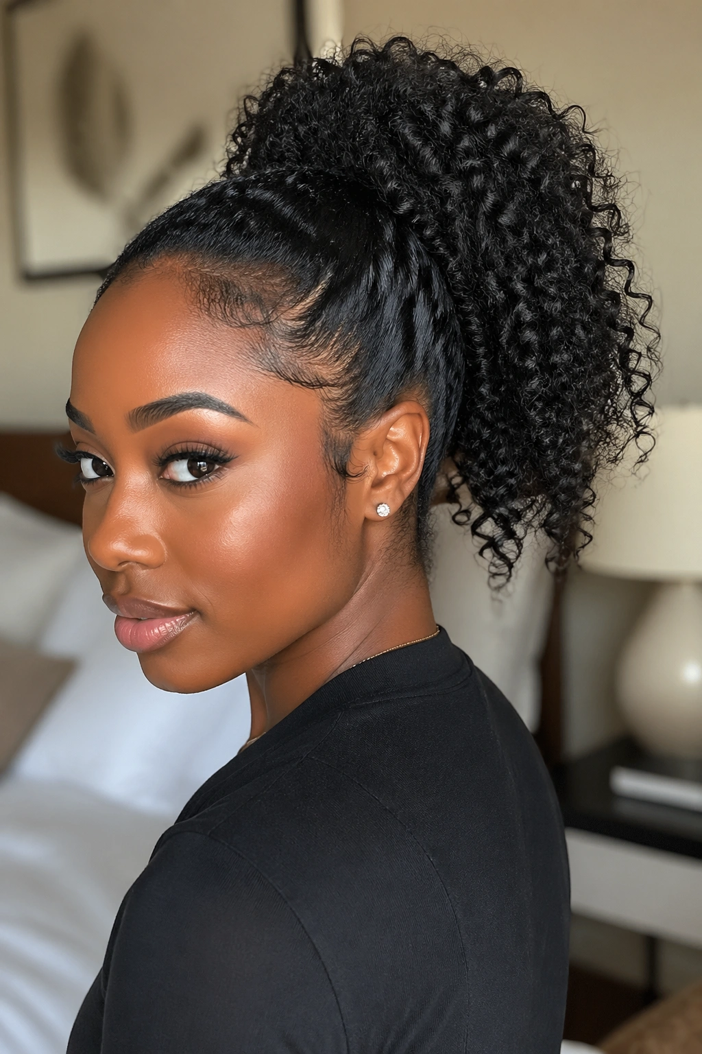 Close-up portrait of a real Black woman wearing a curly drawstring ponytail in a cozy room.