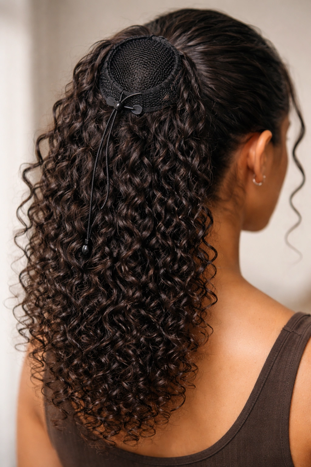 Close up of a drawstring curly ponytail extension secured in a bun with visible mesh cap and drawstring