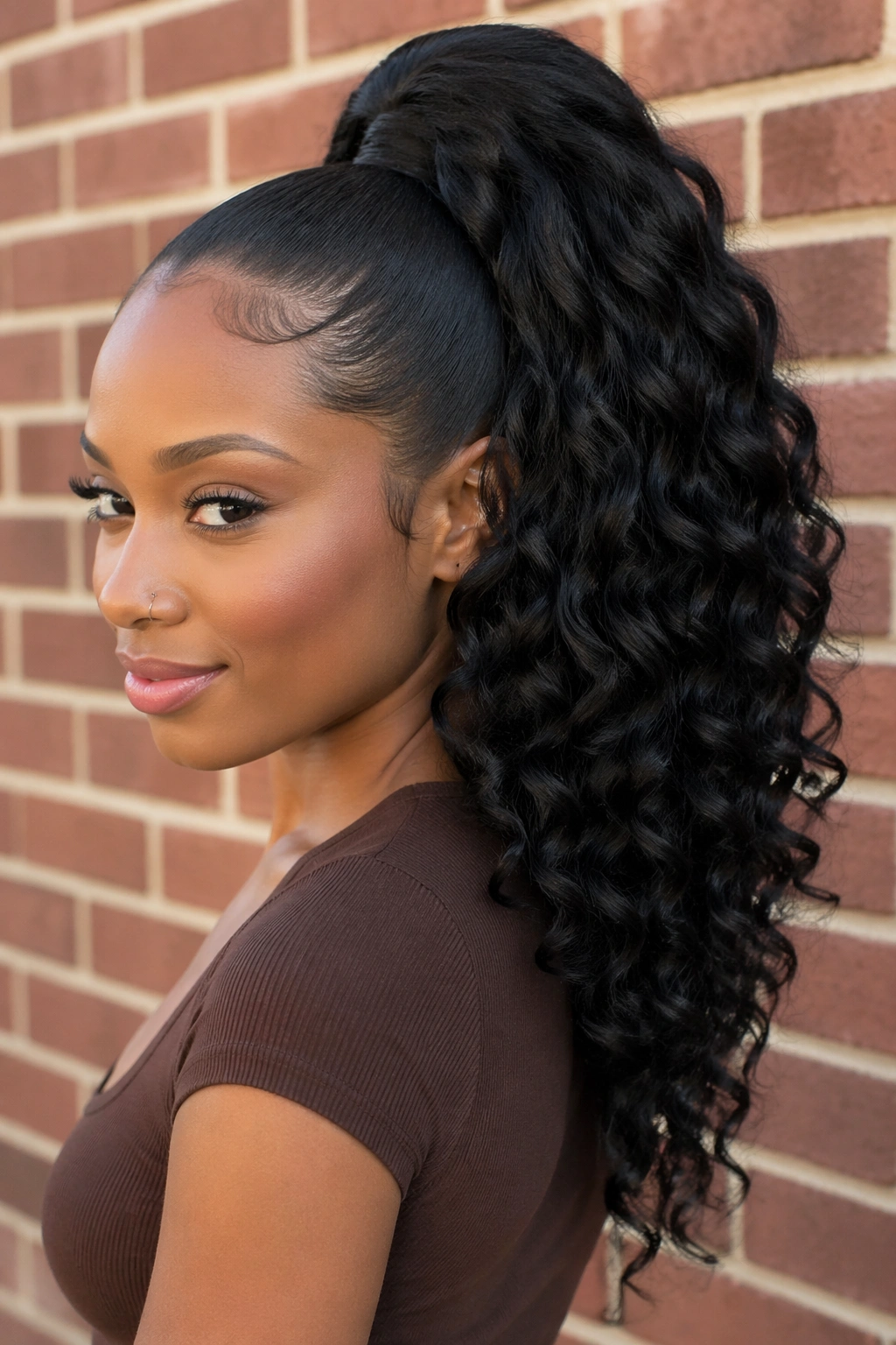 Close-up portrait of a real woman wearing a drawstring ponytail with layered curls outdoors