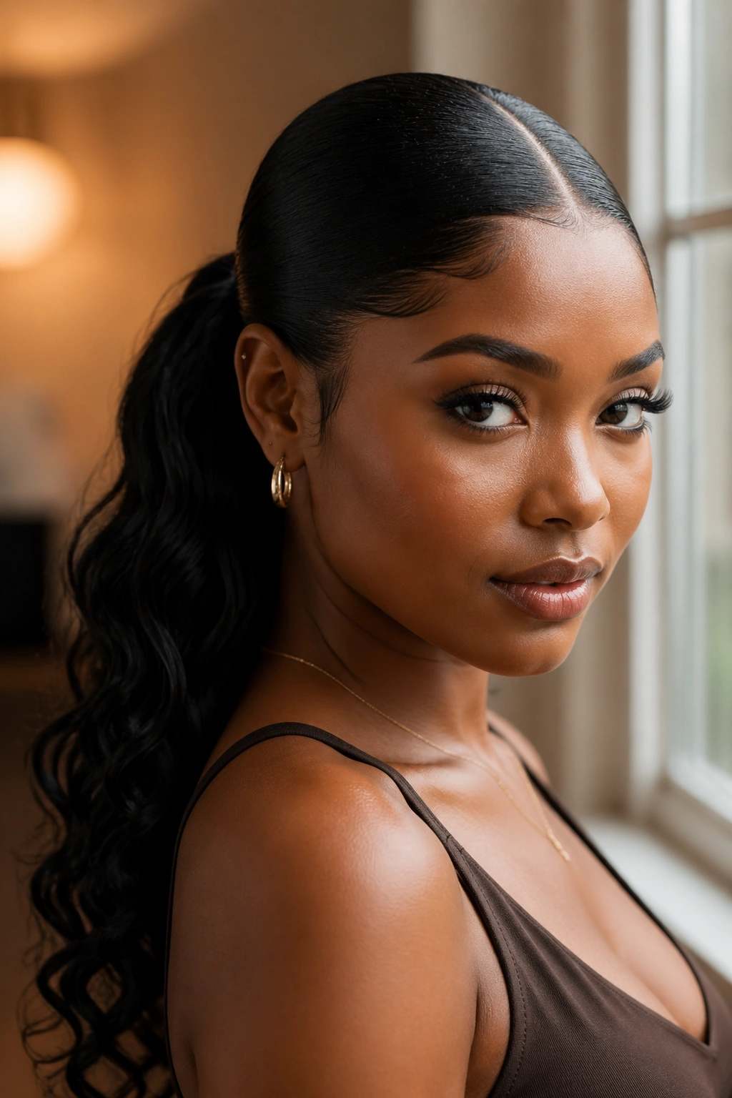 Close-up portrait of a real woman wearing a drawstring middle part ponytail