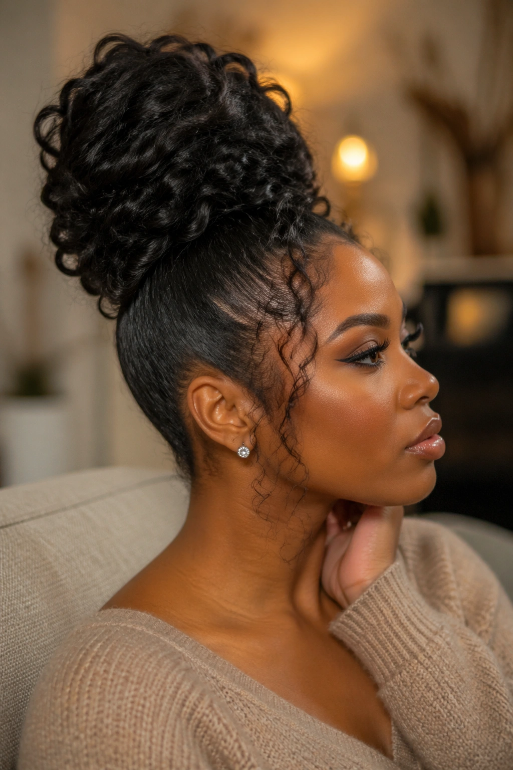 Close-up of woman with voluminous drawstring ponytail bun.