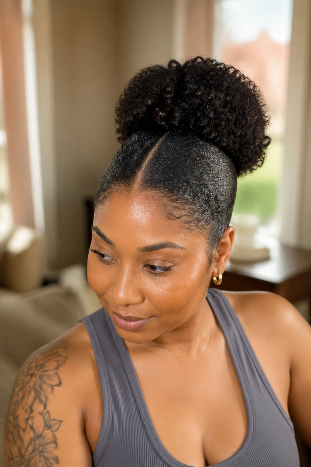 Real woman with drawstring puff ponytail and stretched roots