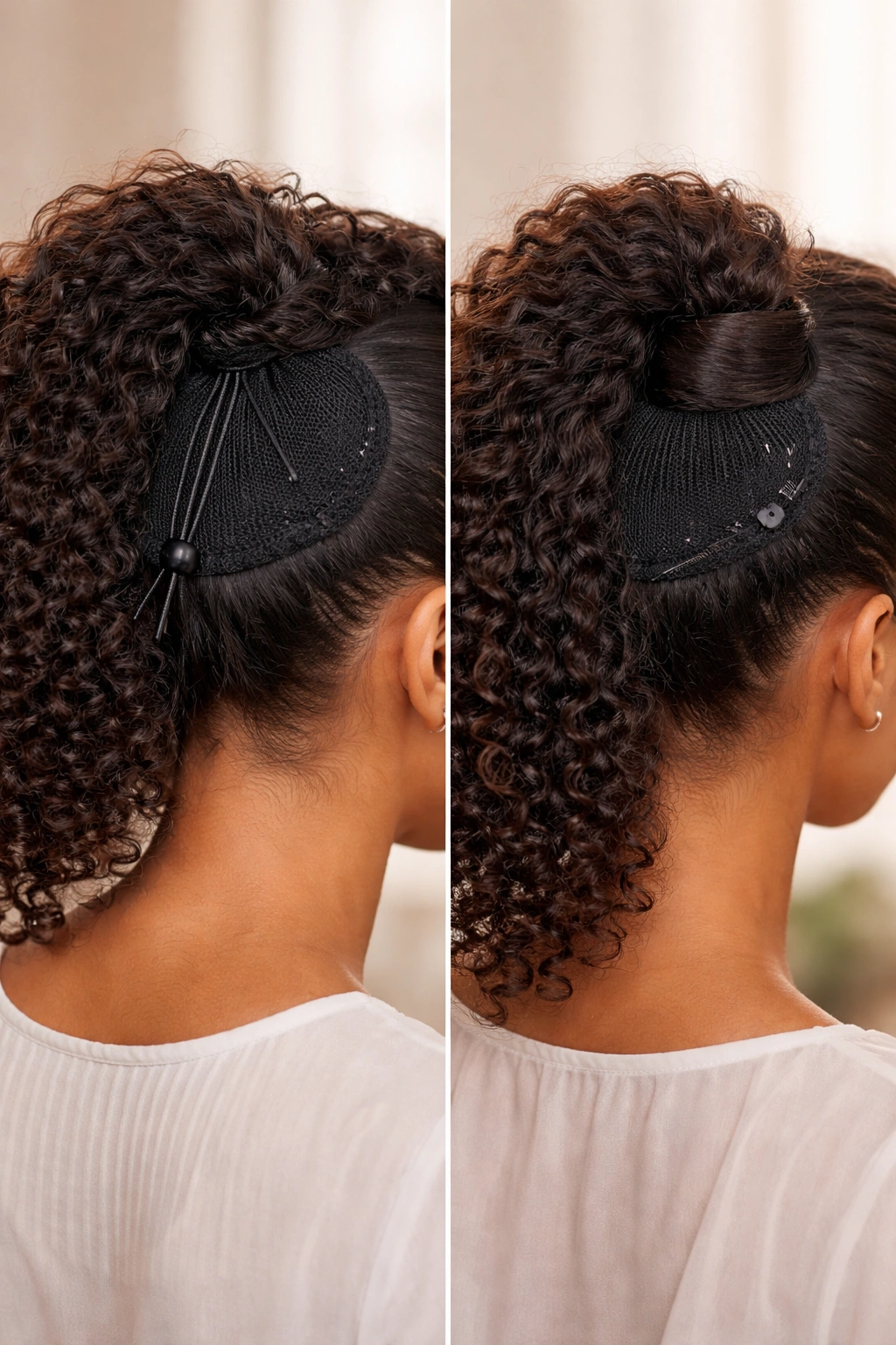Side-by-side view of drawstring and wrap-around curly ponytail attachments