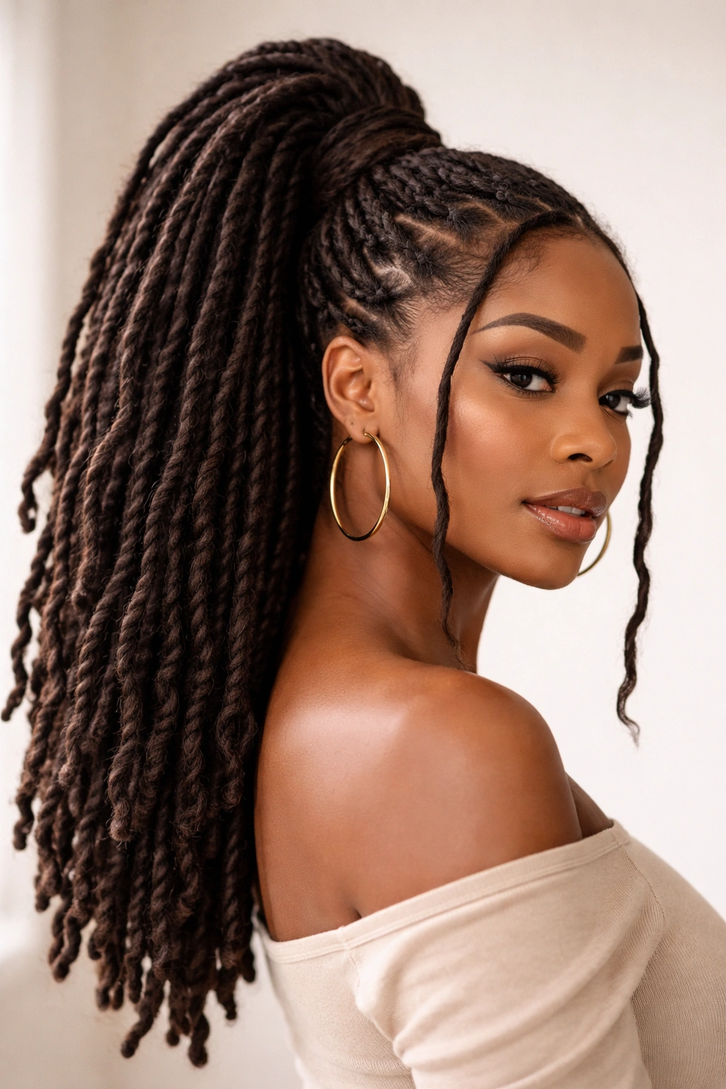 High ponytail showcasing dreadlock texture with dense locs