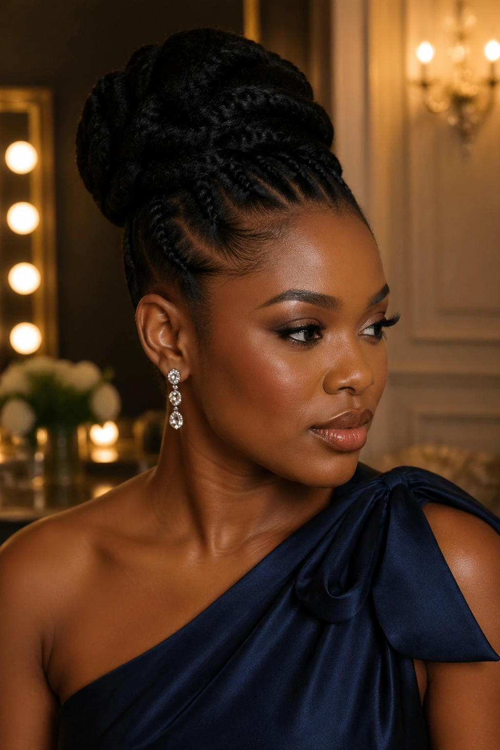 Close-up portrait of a real person with an ultra-polished hairstyle for black-tie event.