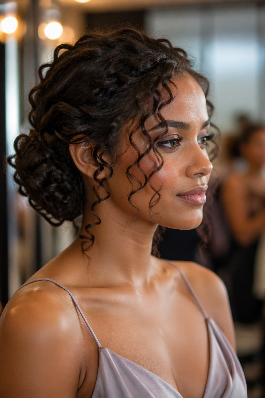 Close-up portrait of a real woman with face-framing spirals in a curly updo