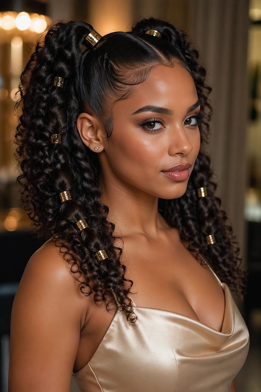 Portrait of a real woman with double ponytails and gold cuffs
