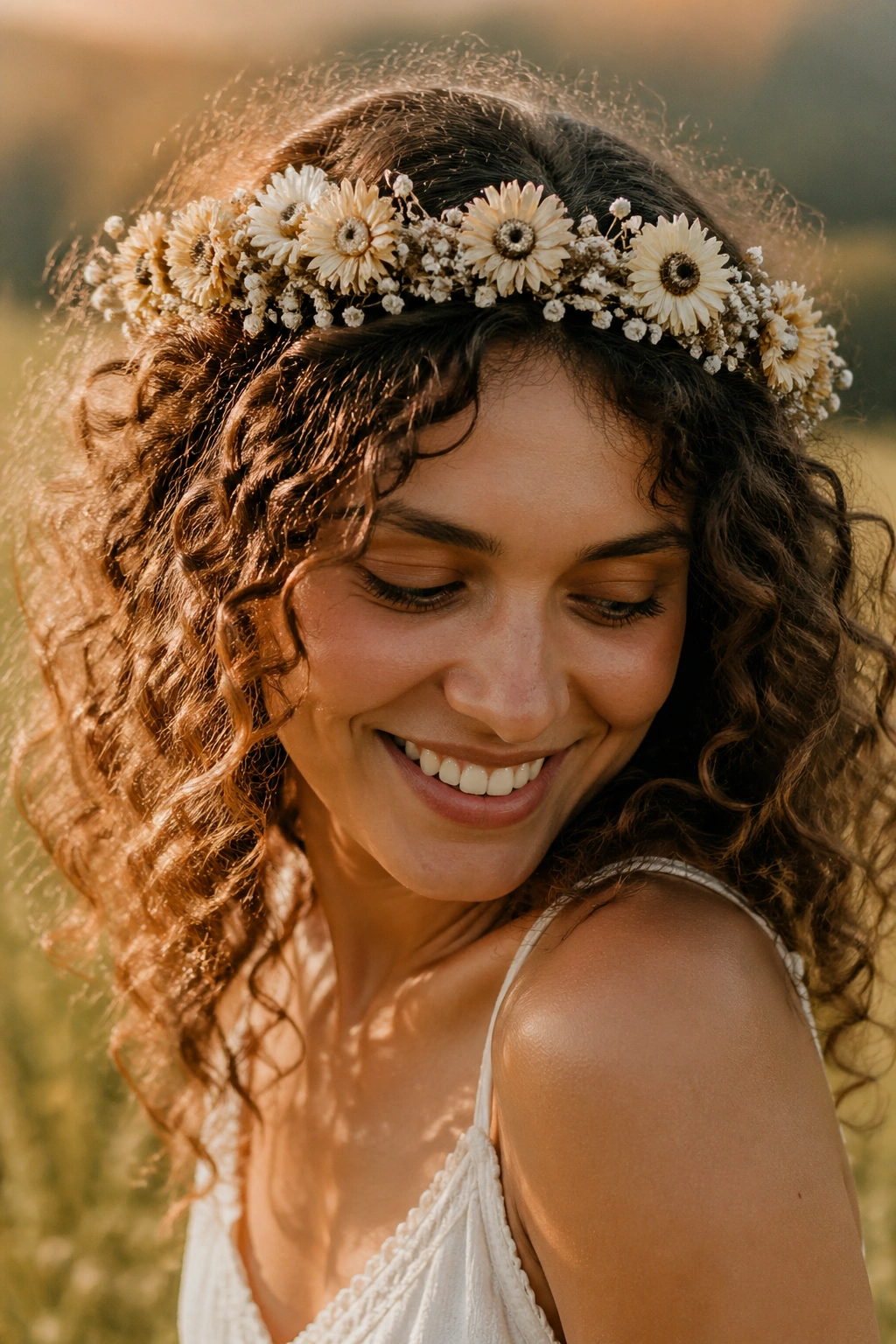 Close-up of a person wearing a dried flower crown in a golden hour field.