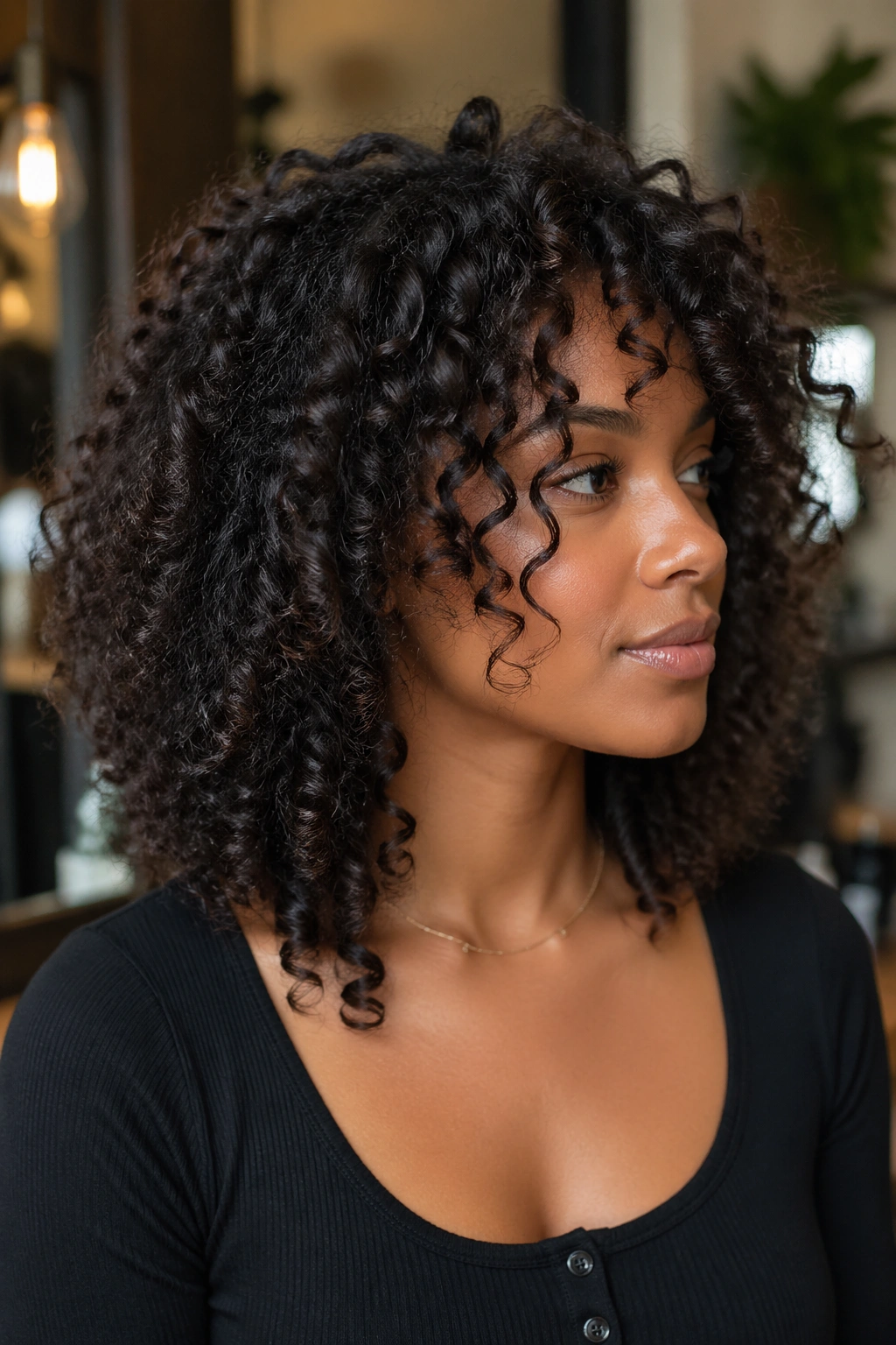 Close-up of a real woman with defined curls showing dry-cut texture