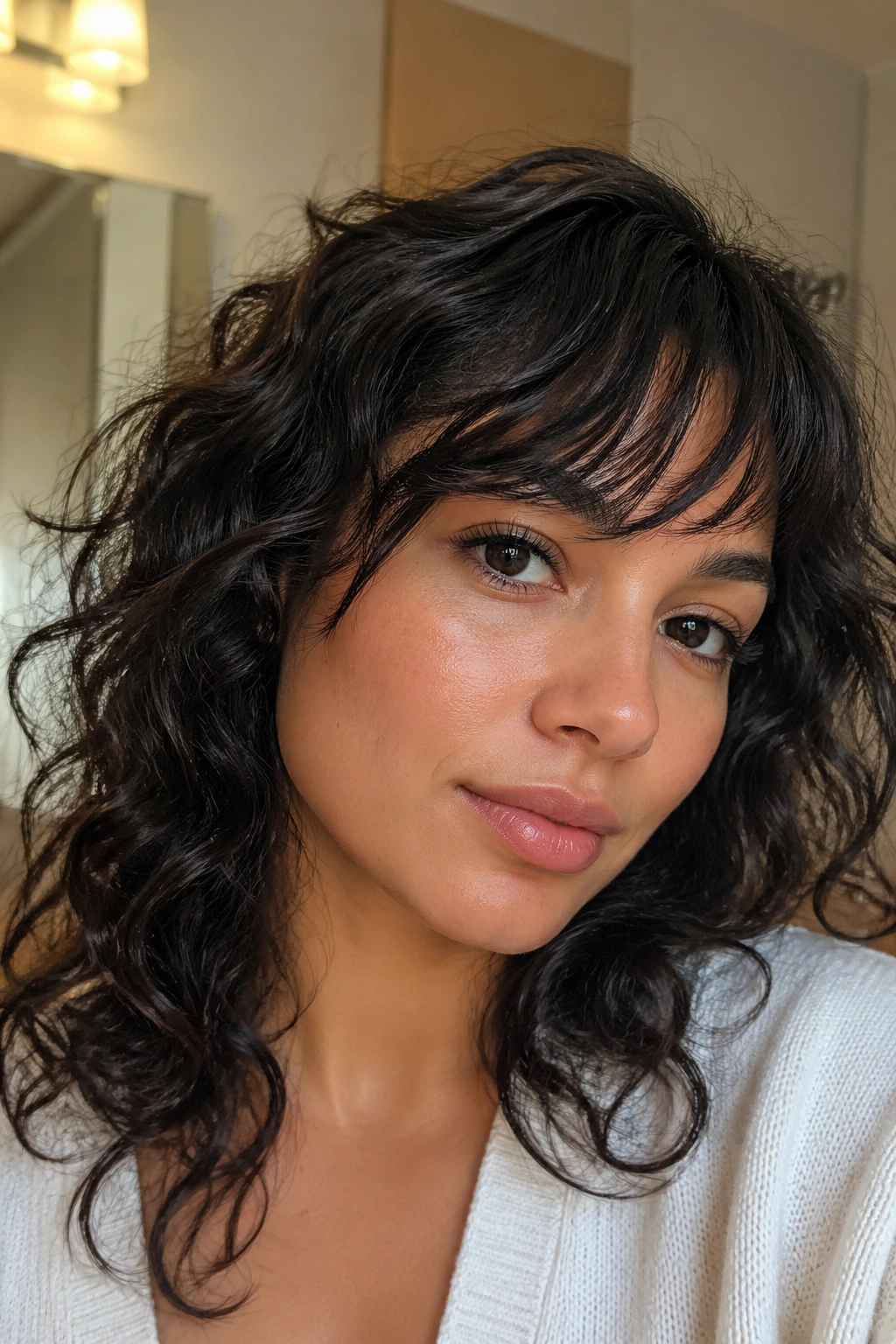 Close-up portrait of a real person with dry-cut side bangs on natural-finish wavy hair in a warm bathroom