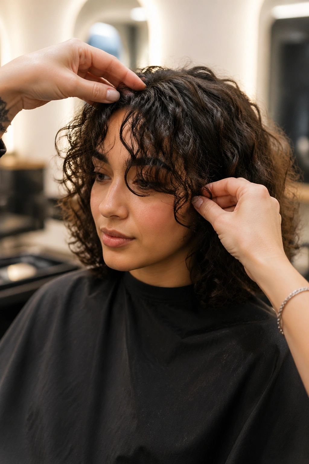 Real client getting a dry cut for curtain bangs in a salon