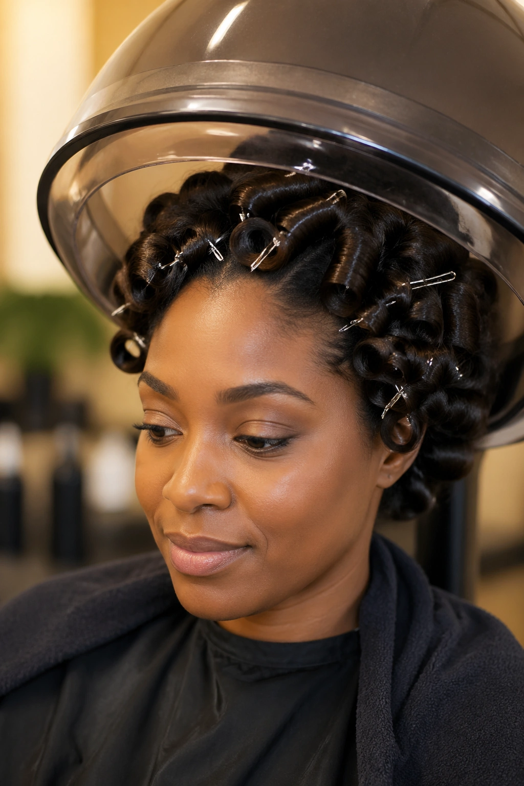 Head under hooded dryer with pin curls set in place