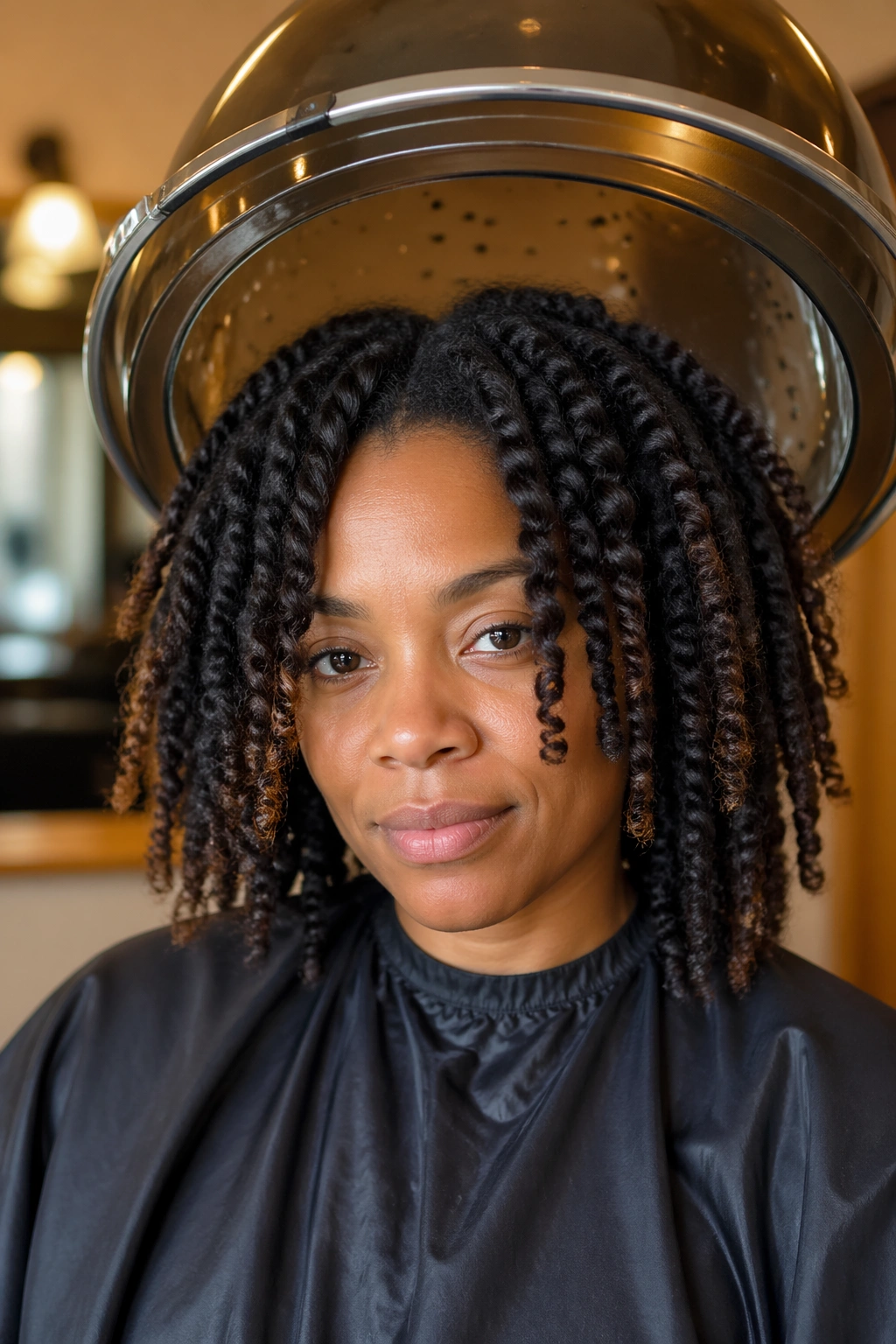 Close-up of a real person's twist-out during drying under a hooded dryer