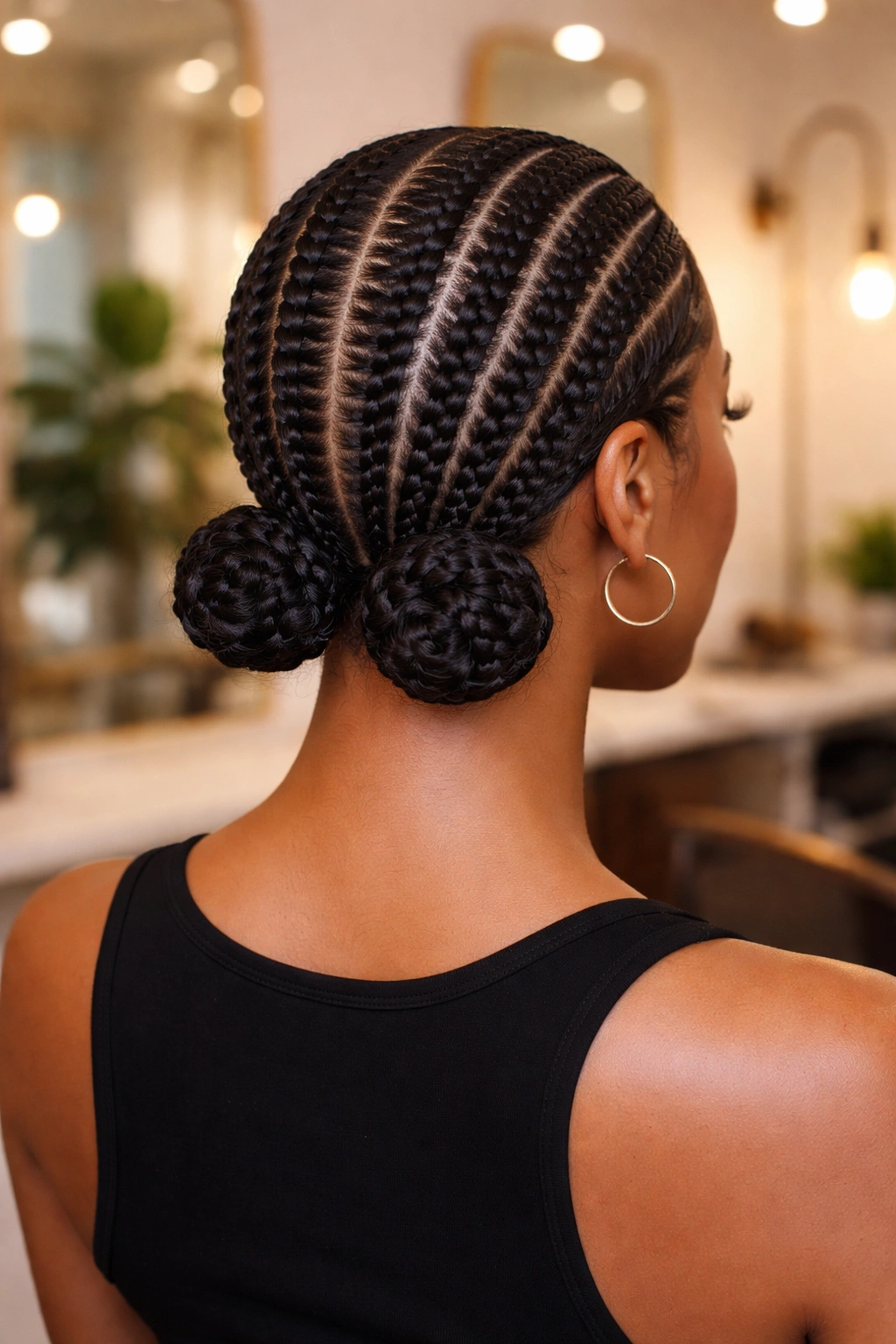 Rear three-quarter view of a real woman with dual nape buns in stitch cornrows