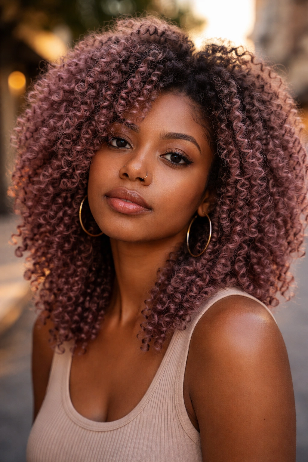 Real woman with dusty mauve curls on type 4 hair in an urban setting