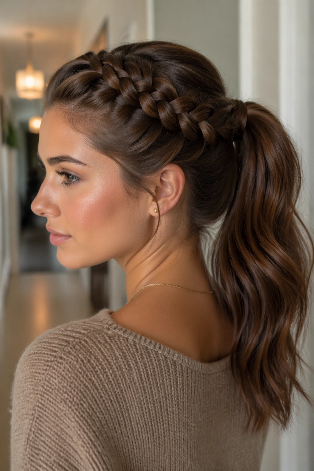Real person with Dutch braid leading into brown ponytail