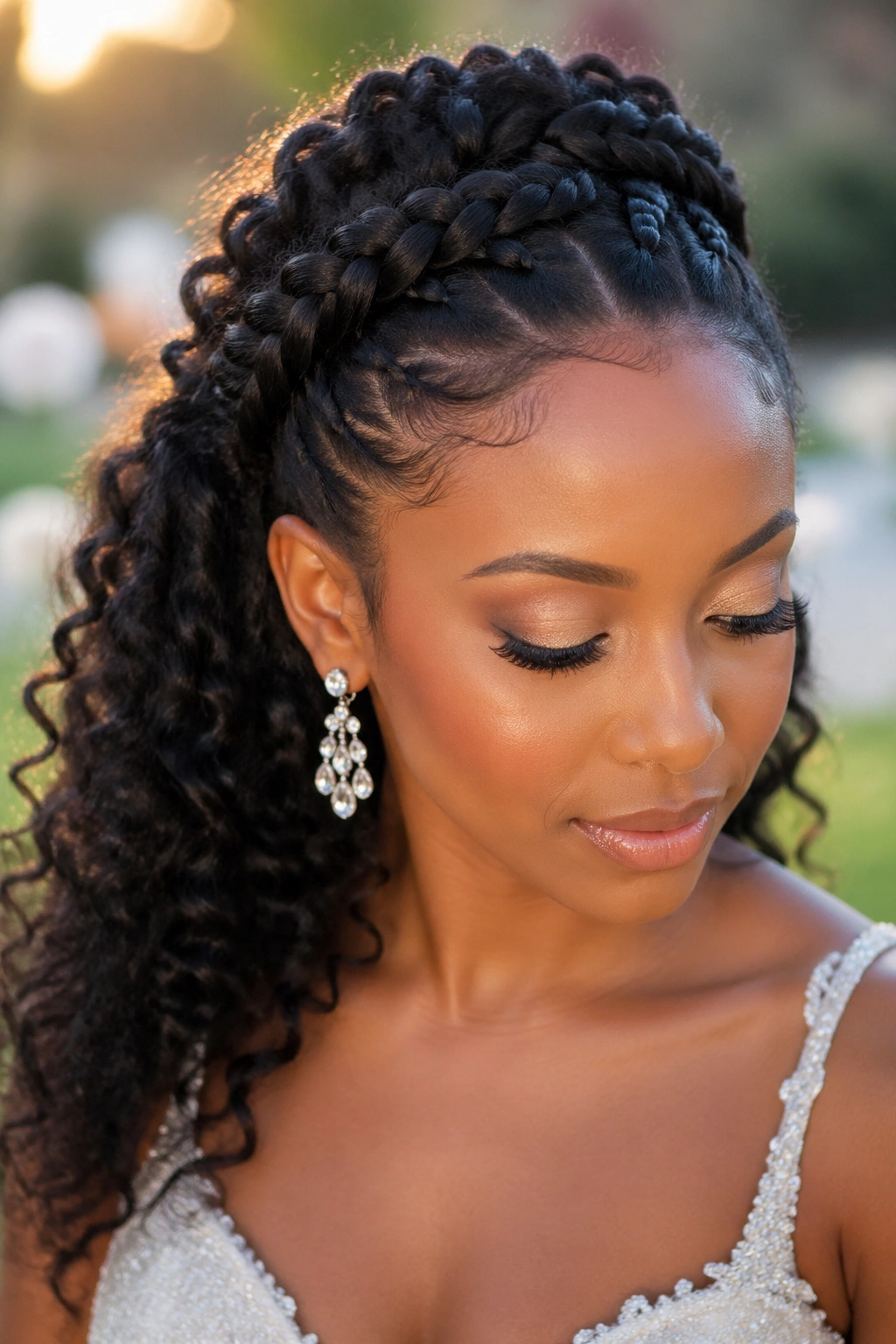 Real woman with a Dutch braid crown half-up hairstyle.