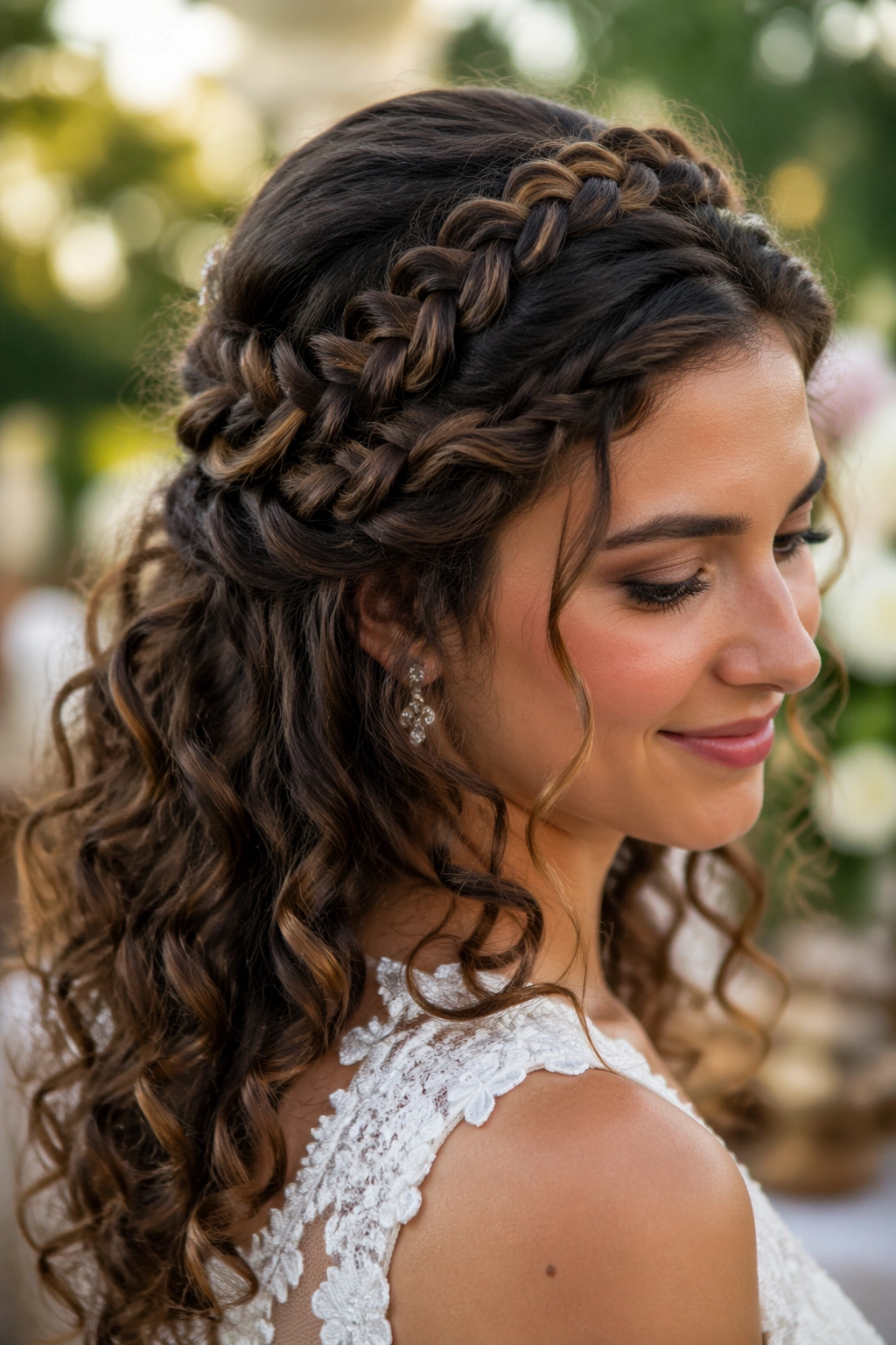 Close-up of a real bride with a Dutch braid crown and soft back lift