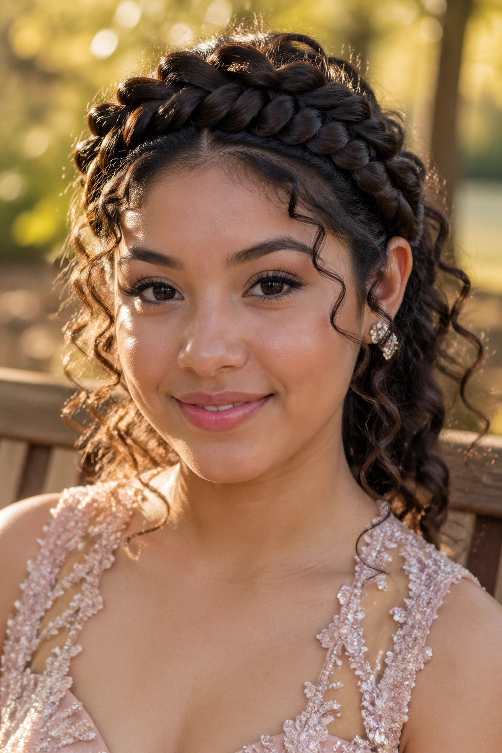 Real woman wearing a Dutch braid crown with loose curls around the head