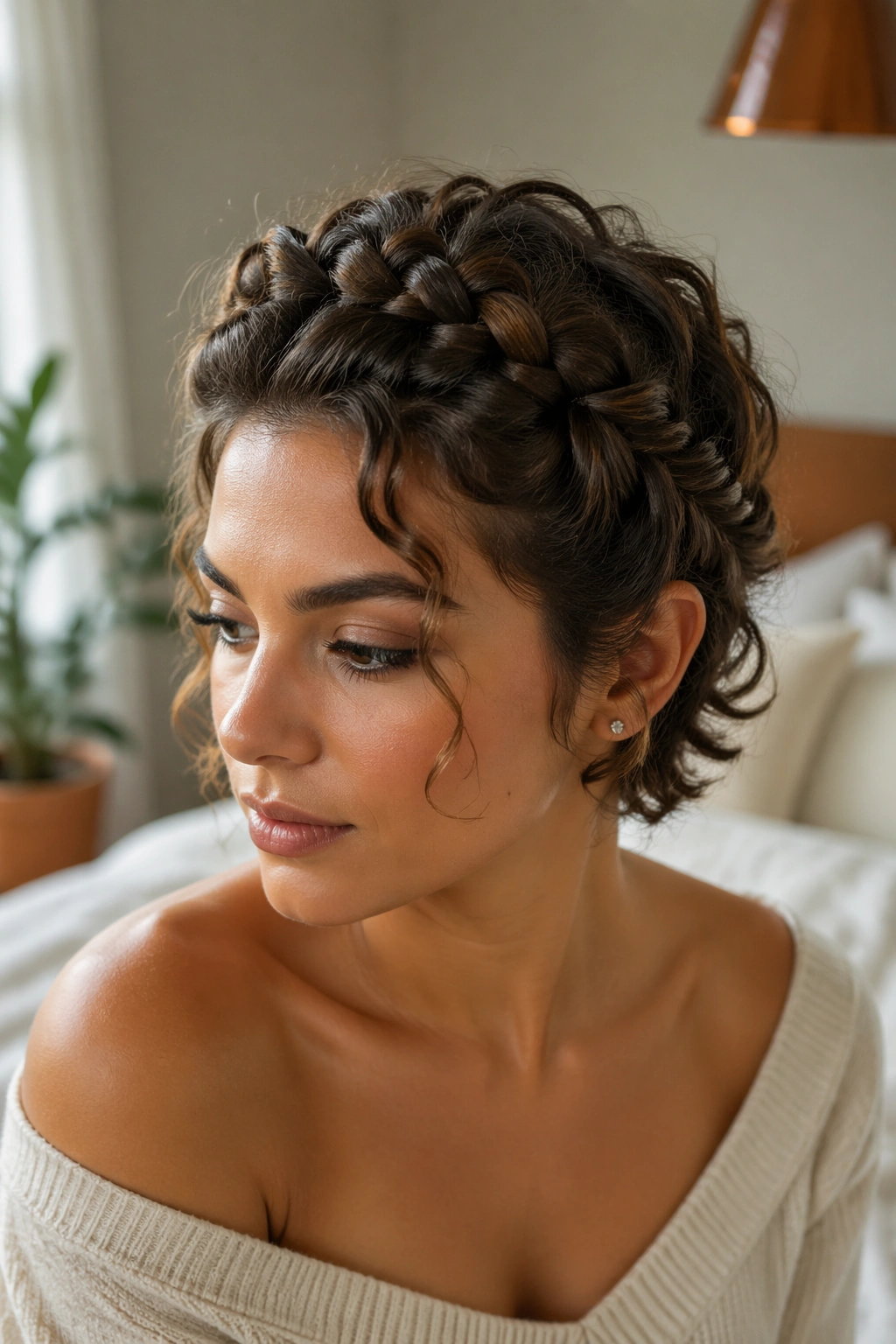 Close-up of a real woman with a Dutch braid crown over short curly hair in natural light