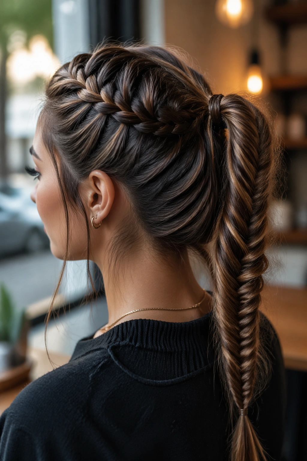 Medium close-up of a real woman with Dutch braid crown and fishtail tail ponytail in a cafe window light