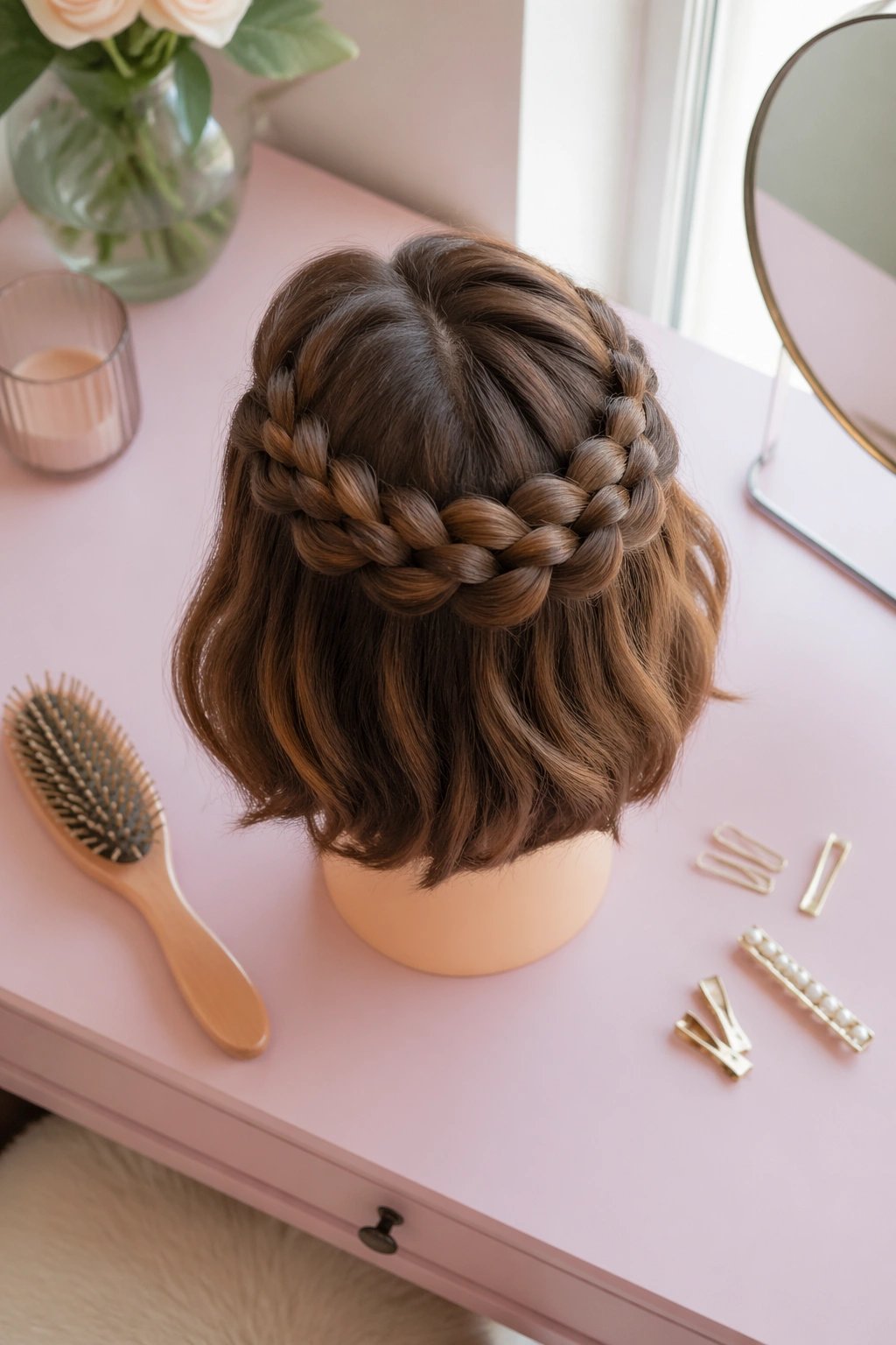 Dutch braid half crown on chin-length bob