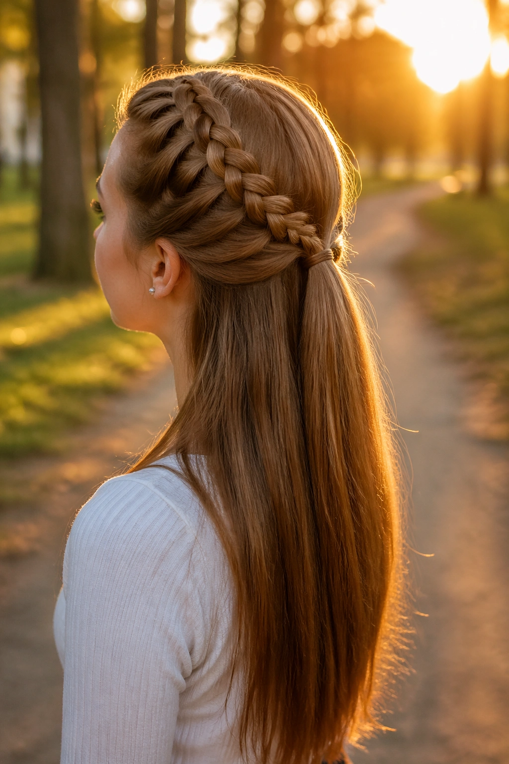 Golden-hour hero shot of Dutch braid flowing into a half ponytail outdoors.