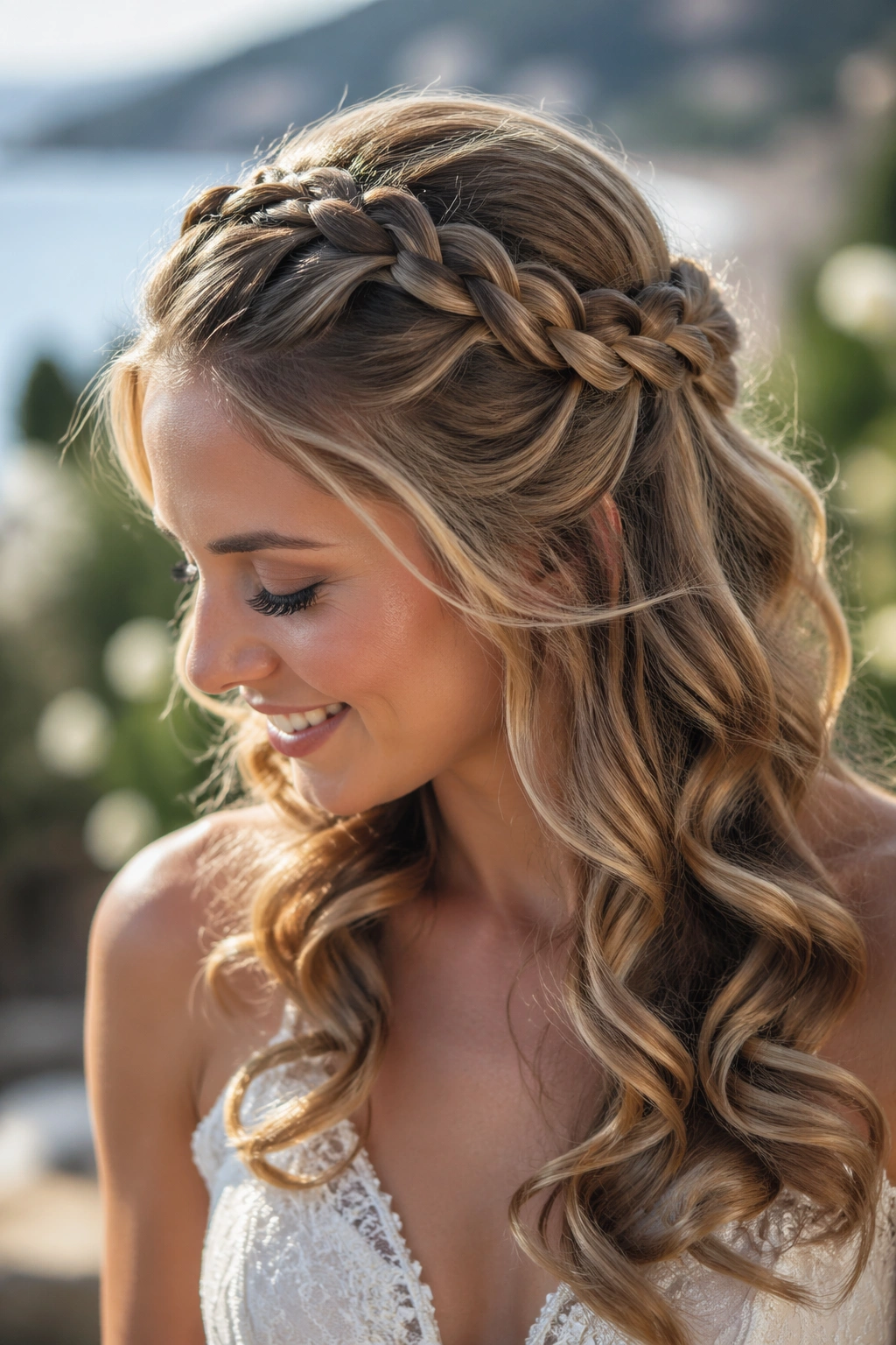 Bride with Dutch braid half-up and soft curls.