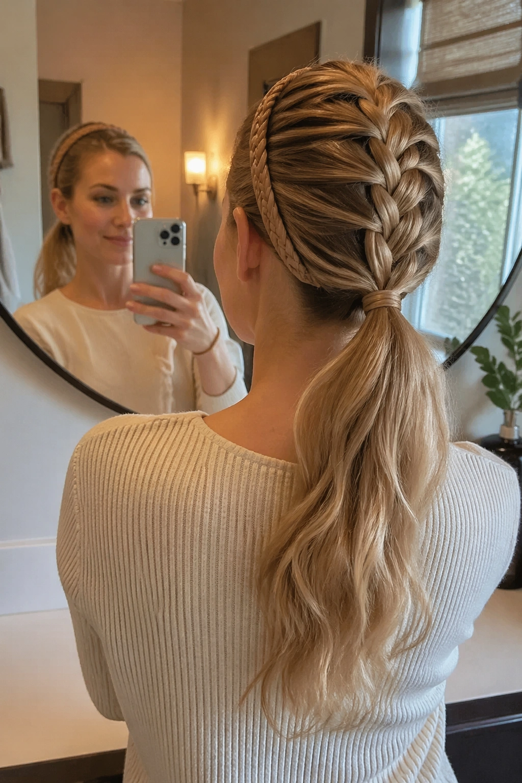 Dutch braid into a low ponytail with woven headband, mirror selfie POV.