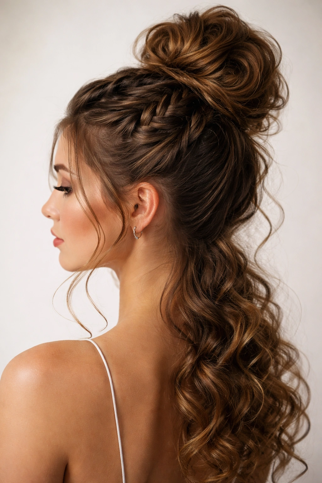 Dutch braid flowing into a high bun on curly hair