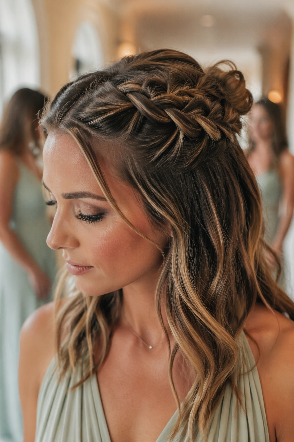 Real woman with Dutch braid turning into a knot at crown