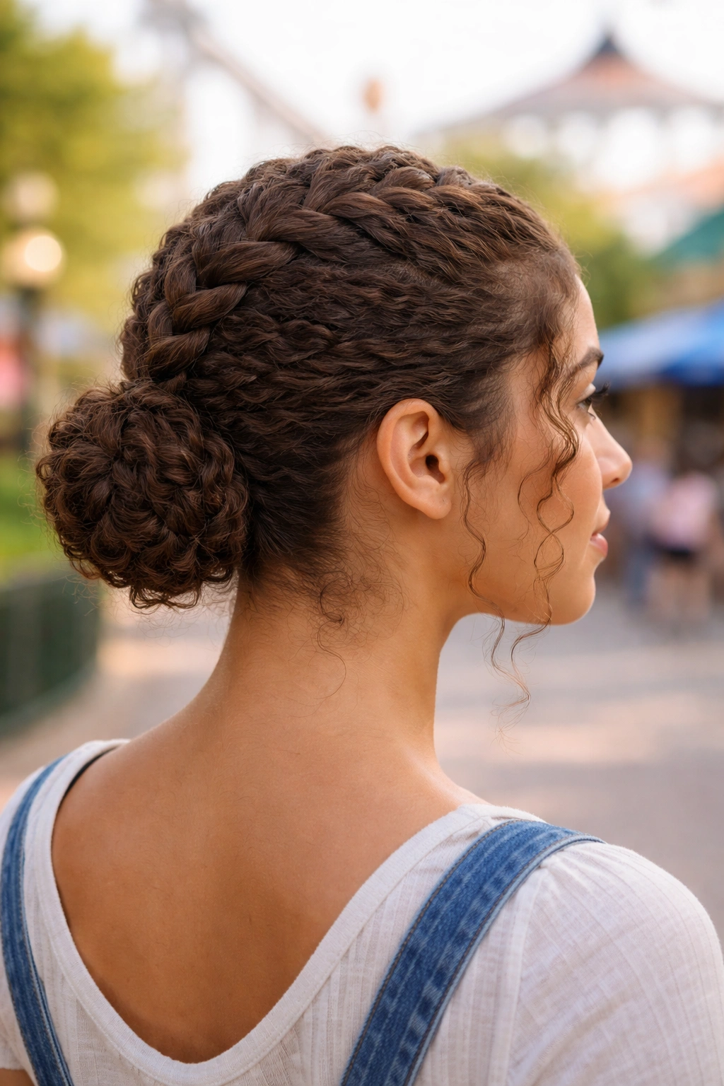 Close-up of a real person with a Dutch braid into a low bun outdoors.
