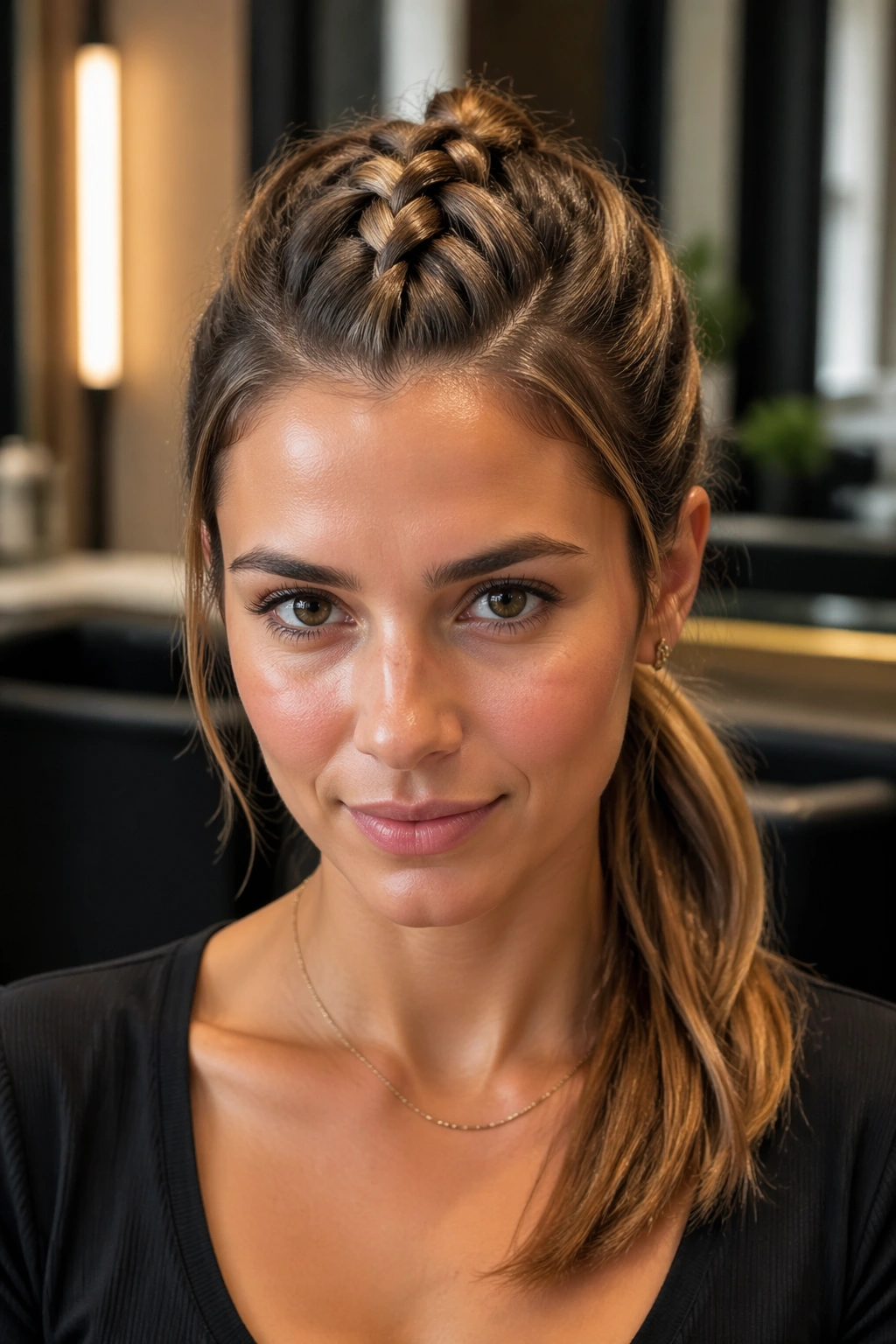 Close-up of a real woman with a crown Dutch braid into a mid ponytail