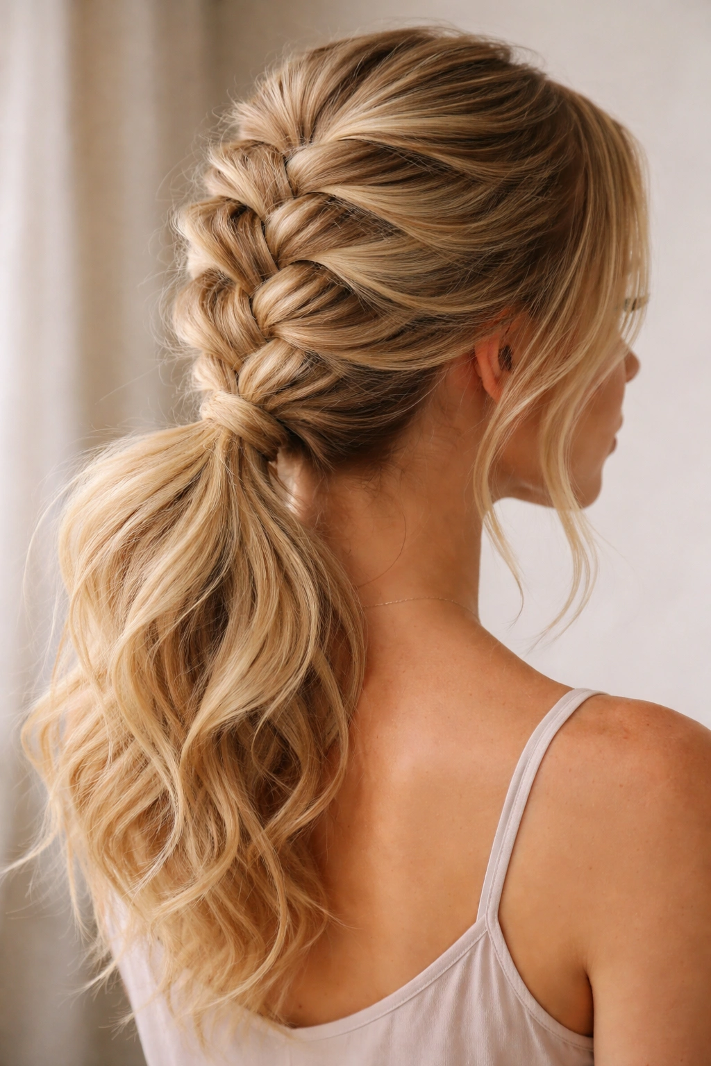 Dutch braid pancake ponytail with loose, wide braid loops